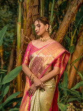 Ivory White Zari Worked With Royal Pink Color Pure Banarasi saree